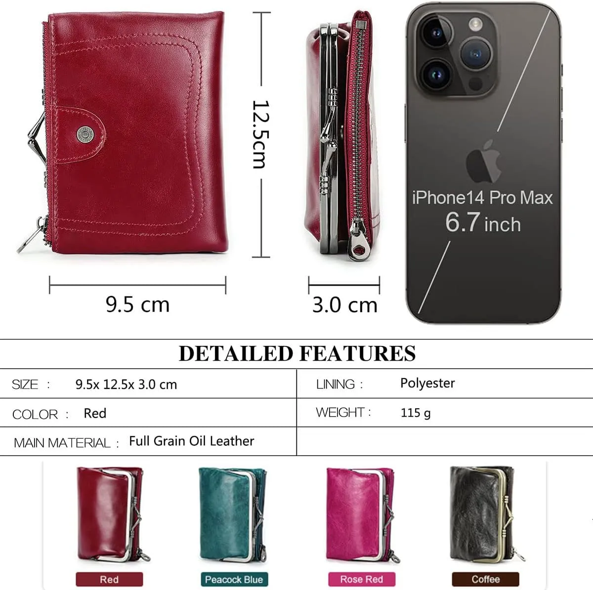 Womens Kiss Lock Wallet Leather Small Zipper Coin Purse Red Bifold Rfid Clasp Wallet Card Holder with Photo Window