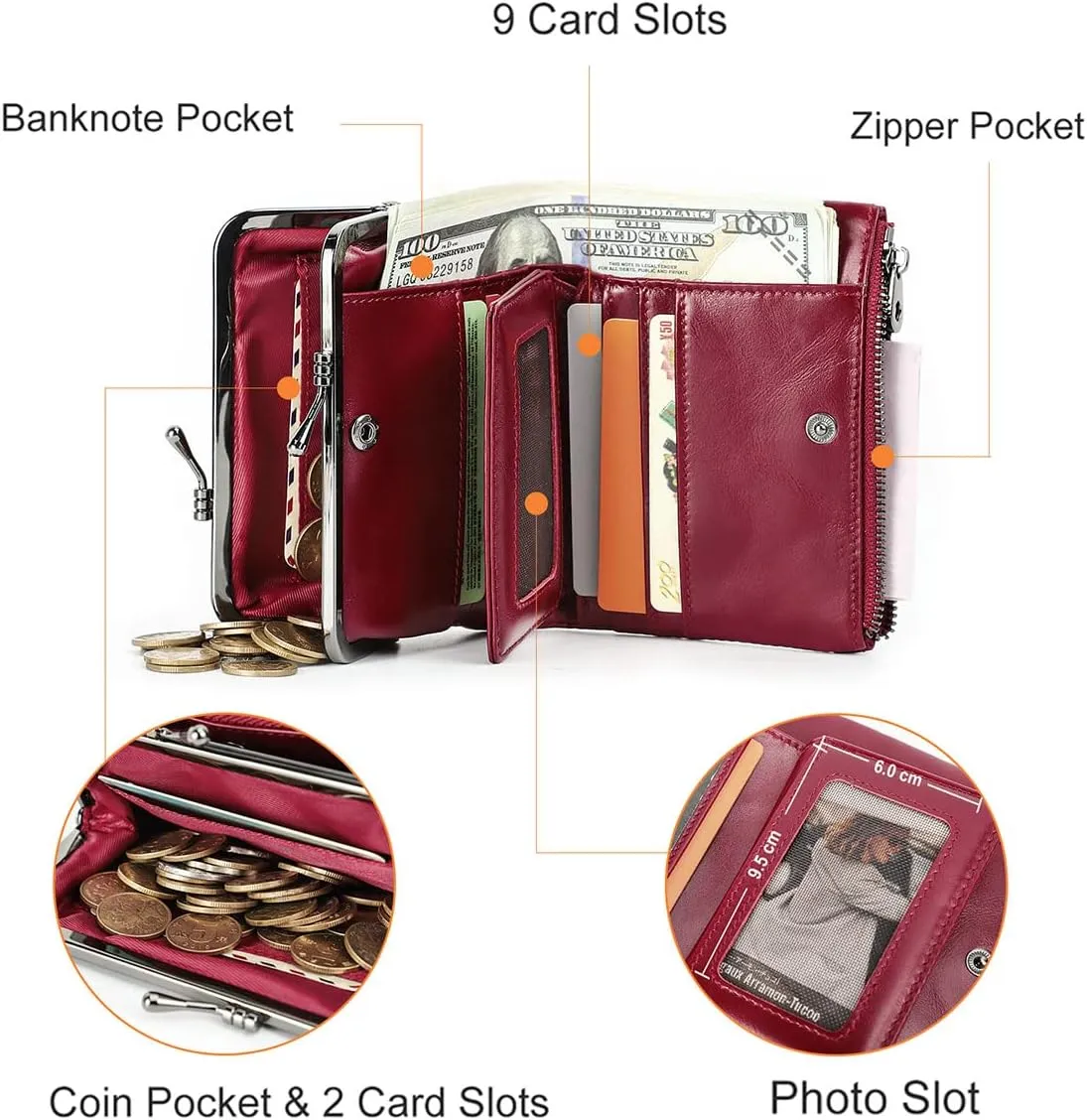 Womens Kiss Lock Wallet Leather Small Zipper Coin Purse Red Bifold Rfid Clasp Wallet Card Holder with Photo Window