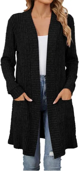 Women's Knit Long Sweater Fall Winter Stripe Textured Solid Color Open Front Crochet Cardigan Long Sleeve Warm Coat