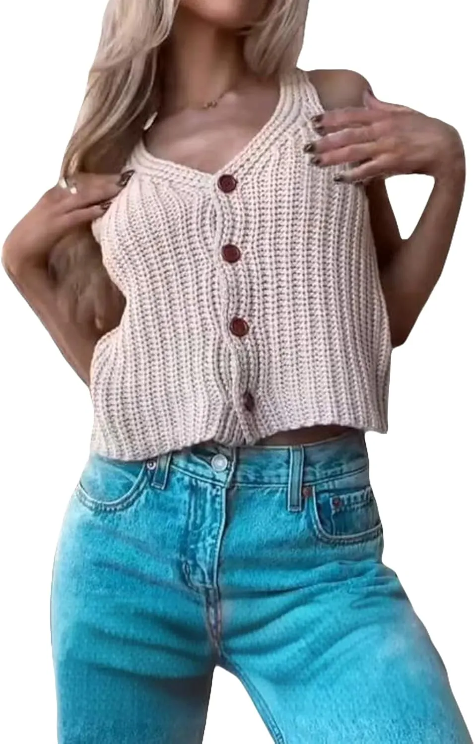 Women's Knit Sweater Vest Sleeveless Deep V Neck Solid Color Button Up Knitwear