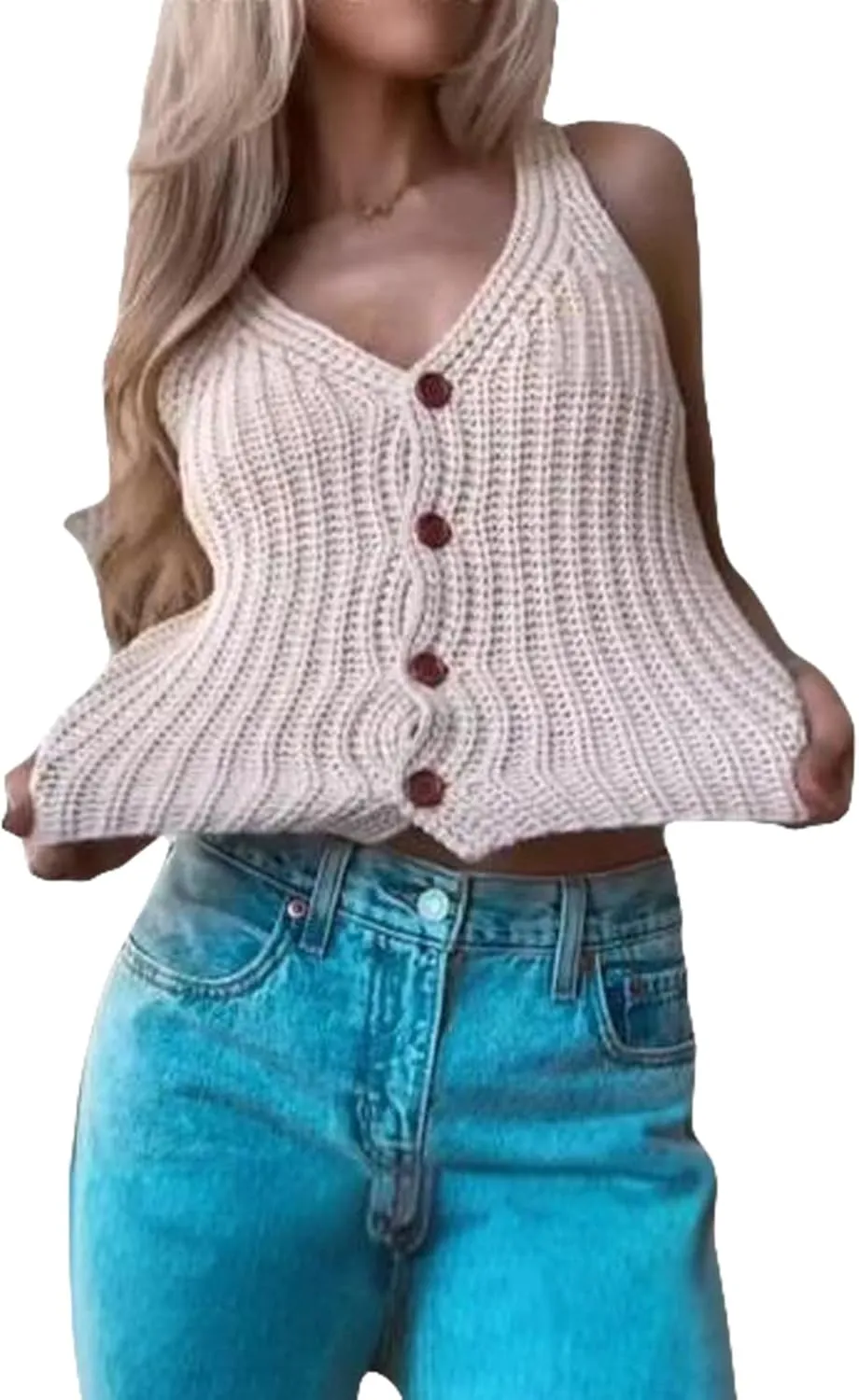 Women's Knit Sweater Vest Sleeveless Deep V Neck Solid Color Button Up Knitwear