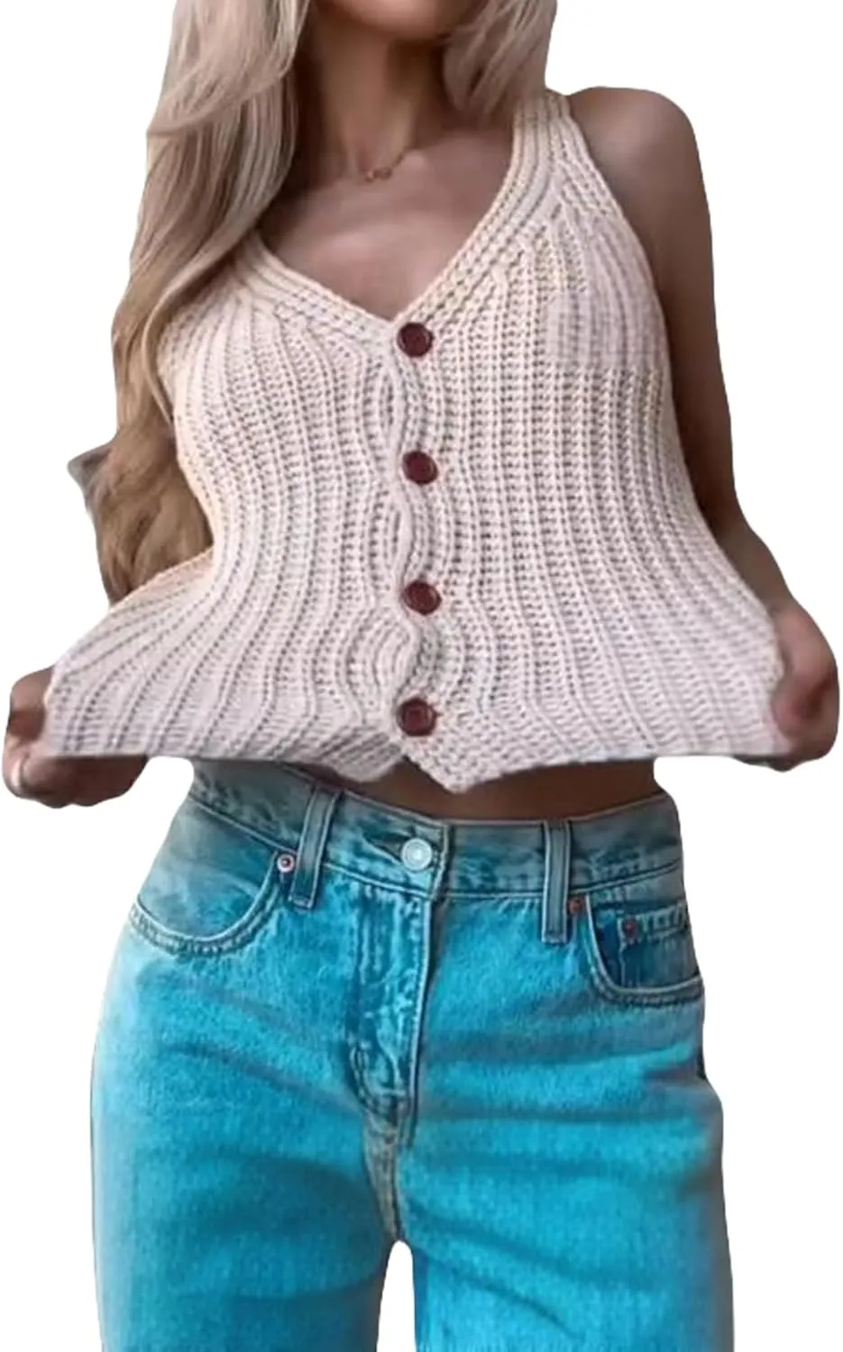 Women's Knit Sweater Vest Sleeveless Deep V Neck Solid Color Button Up Knitwear