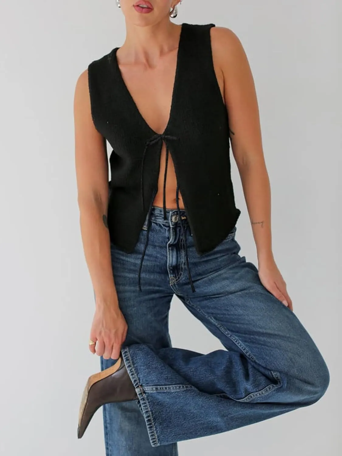 Womens Knittd Tank Y2k Vest Crop Top Sleeveless V-Neck Open Front Tie Up Crochet Knit Vests Tops Streetwear