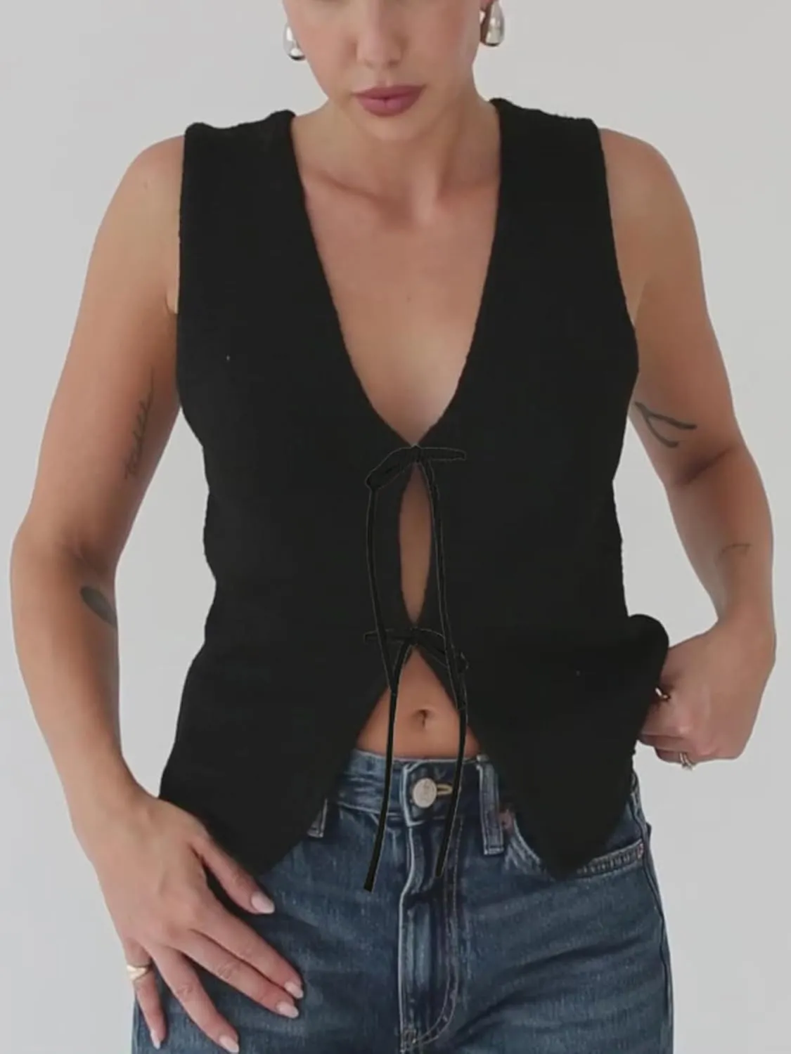 Womens Knittd Tank Y2k Vest Crop Top Sleeveless V-Neck Open Front Tie Up Crochet Knit Vests Tops Streetwear