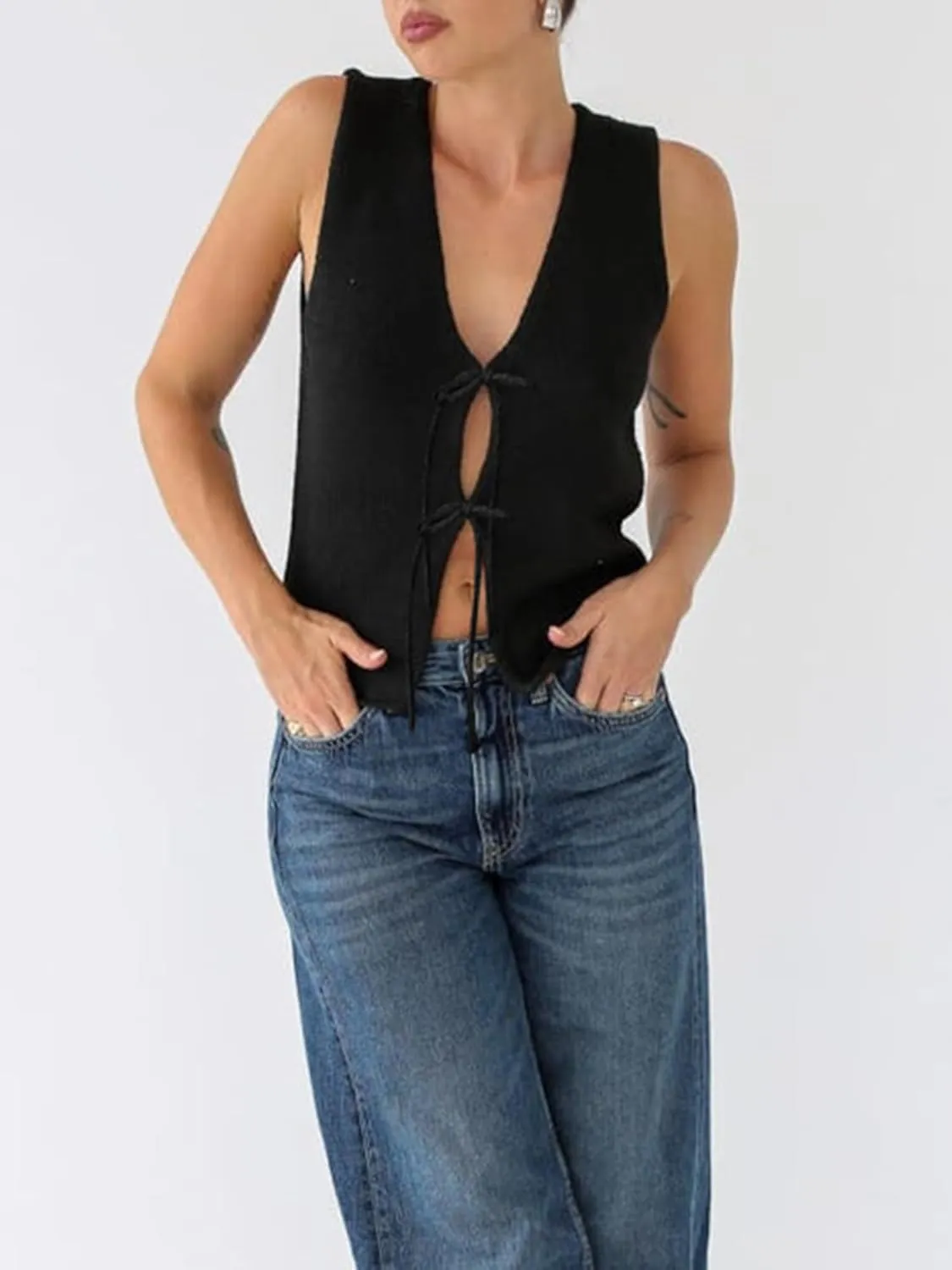Womens Knittd Tank Y2k Vest Crop Top Sleeveless V-Neck Open Front Tie Up Crochet Knit Vests Tops Streetwear