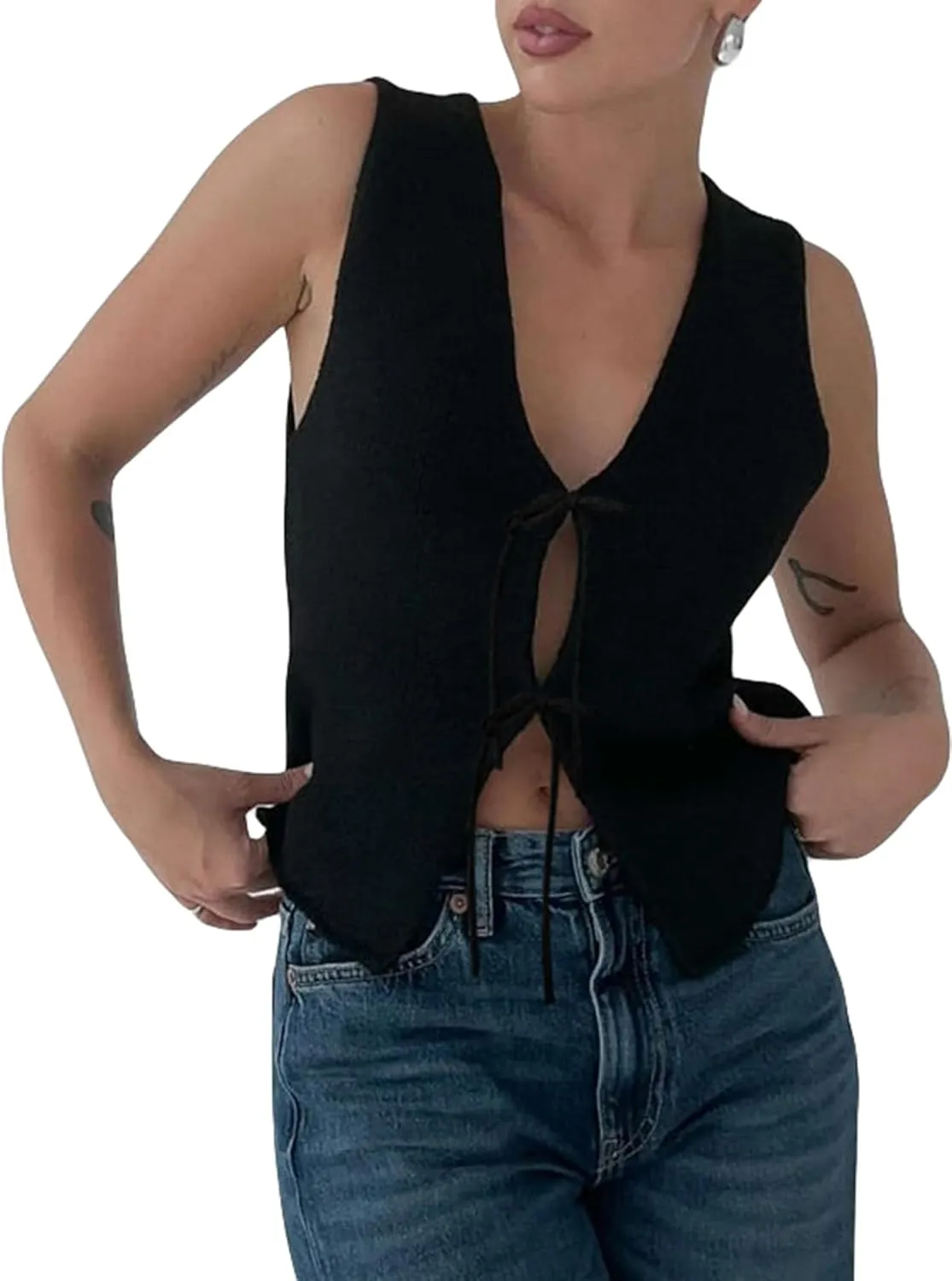Womens Knittd Tank Y2k Vest Crop Top Sleeveless V-Neck Open Front Tie Up Crochet Knit Vests Tops Streetwear