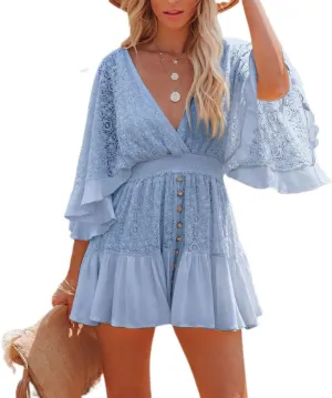 Women's Lace Crochet Mini Dress Sexy V Neck Ruffle Sleeve Flowy Dresses Floral Textured Tiered Cute Sundress
