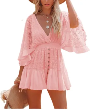 Women's Lace Crochet Mini Dress Sexy V Neck Ruffle Sleeve Flowy Dresses Floral Textured Tiered Cute Sundress