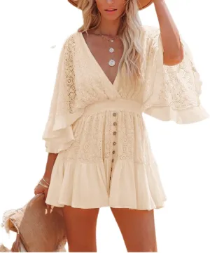 Women's Lace Crochet Mini Dress Sexy V Neck Ruffle Sleeve Flowy Dresses Floral Textured Tiered Cute Sundress