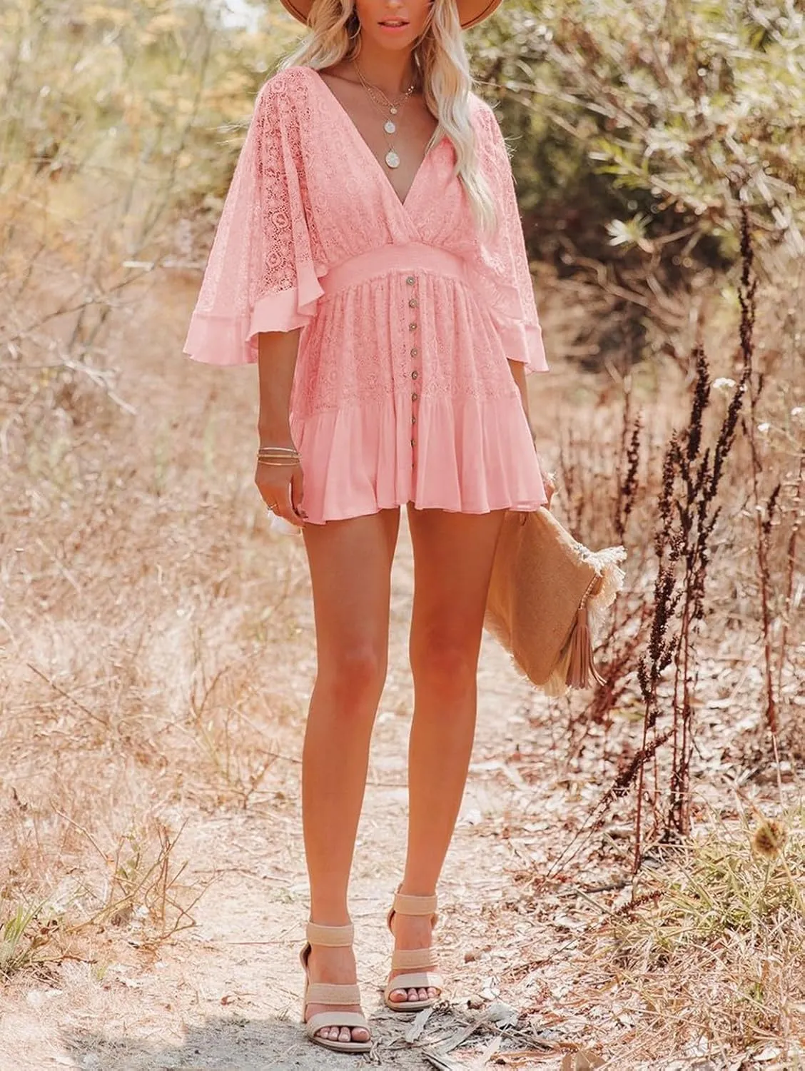 Women's Lace Crochet Mini Dress Sexy V Neck Ruffle Sleeve Flowy Dresses Floral Textured Tiered Cute Sundress