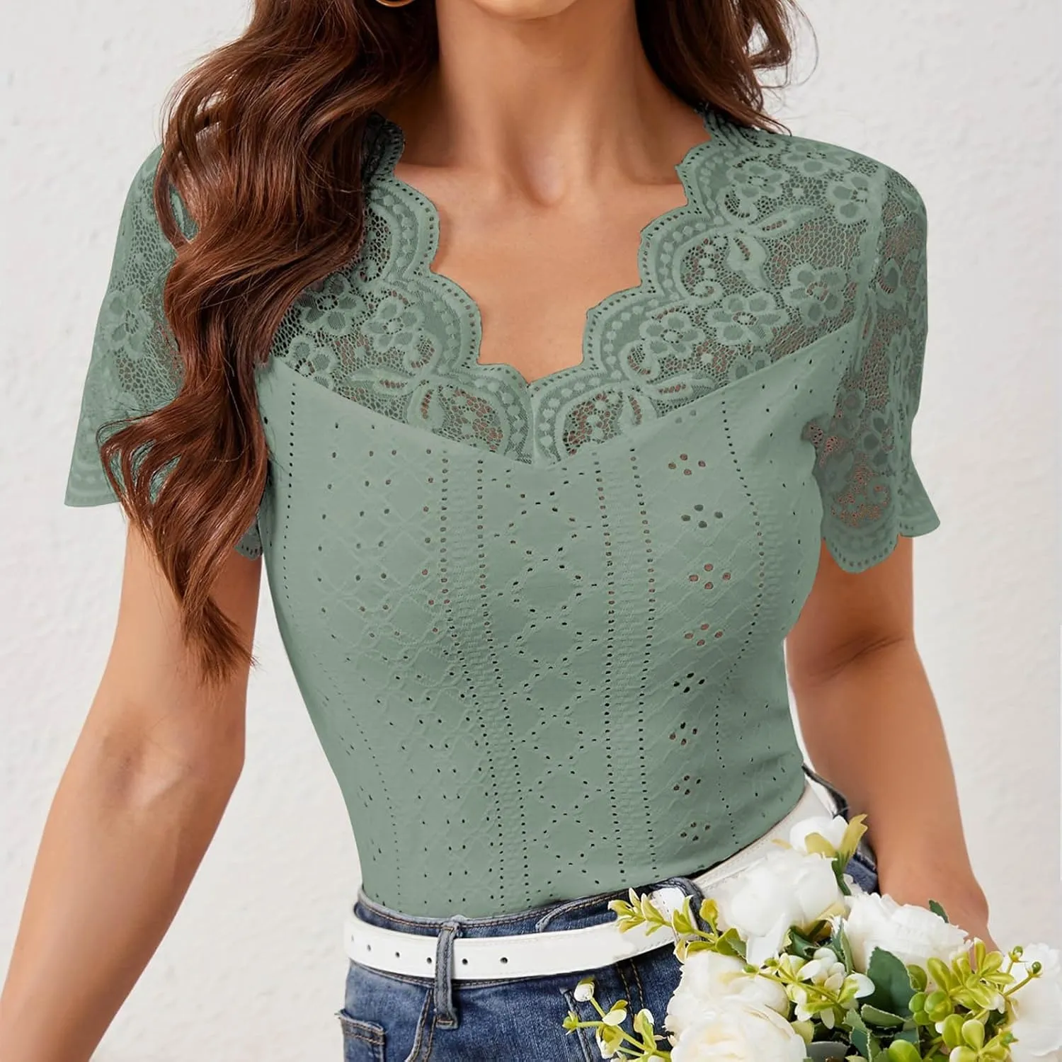 Womens Lace Crop Tops Lace Trim V Neck Shirts Short Sleeve Dressy Casual Tshirts Going Out Summer Tops Tees