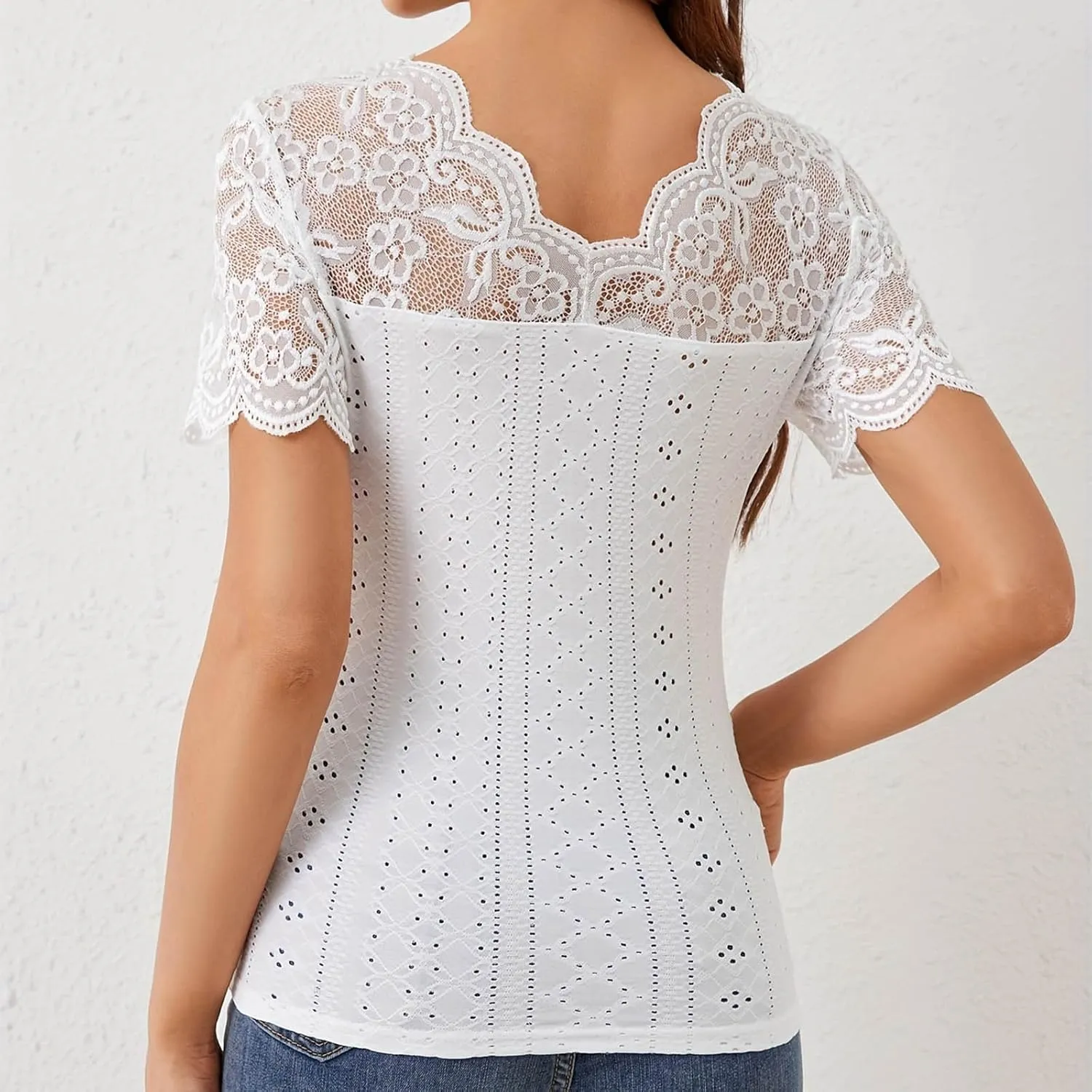 Womens Lace Crop Tops Lace Trim V Neck Shirts Short Sleeve Dressy Casual Tshirts Going Out Summer Tops Tees