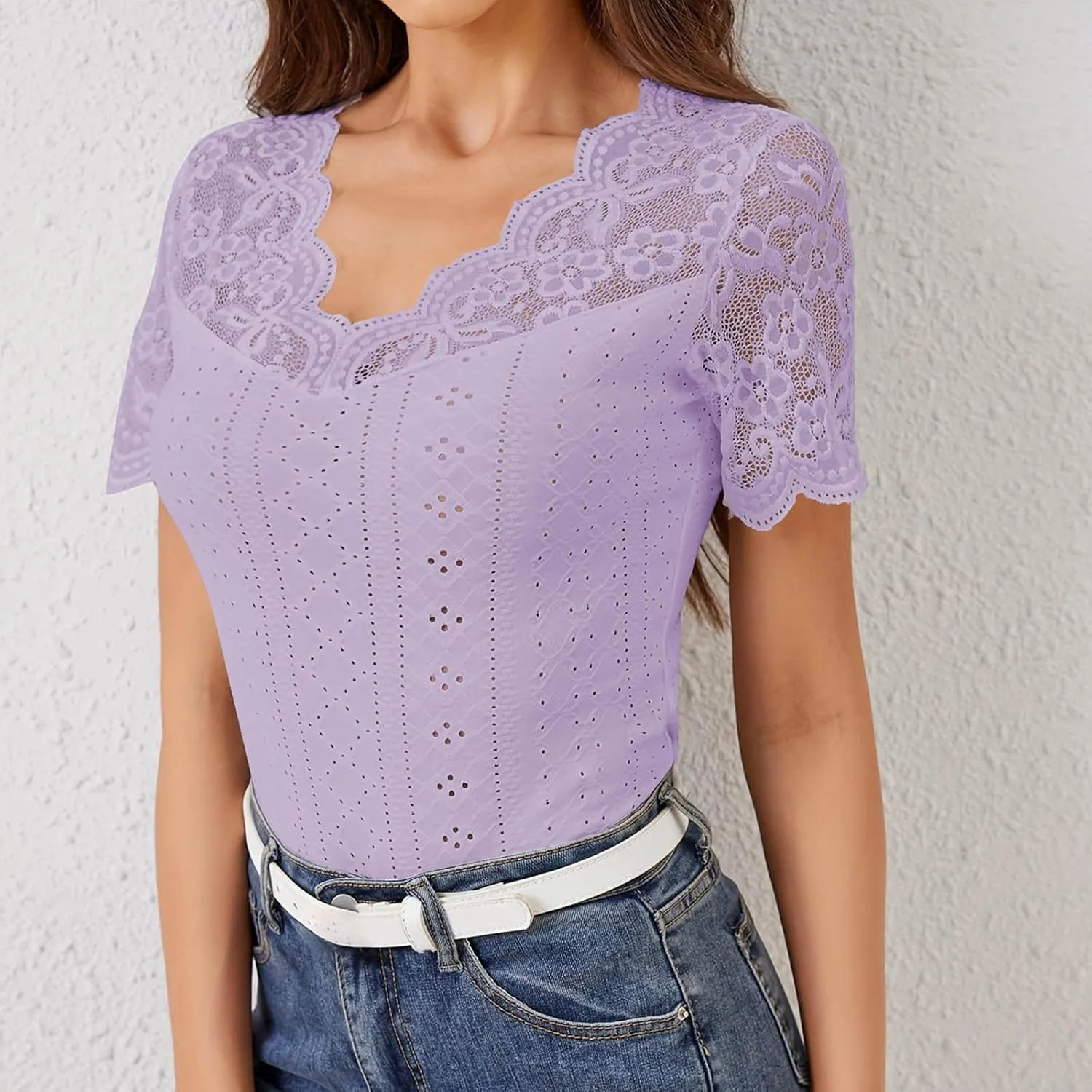 Womens Lace Crop Tops Lace Trim V Neck Shirts Short Sleeve Dressy Casual Tshirts Going Out Summer Tops Tees