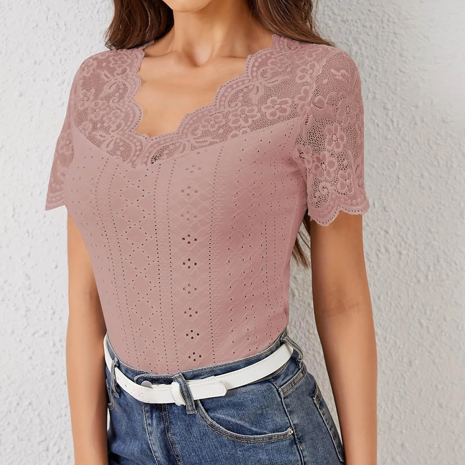 Womens Lace Crop Tops Lace Trim V Neck Shirts Short Sleeve Dressy Casual Tshirts Going Out Summer Tops Tees