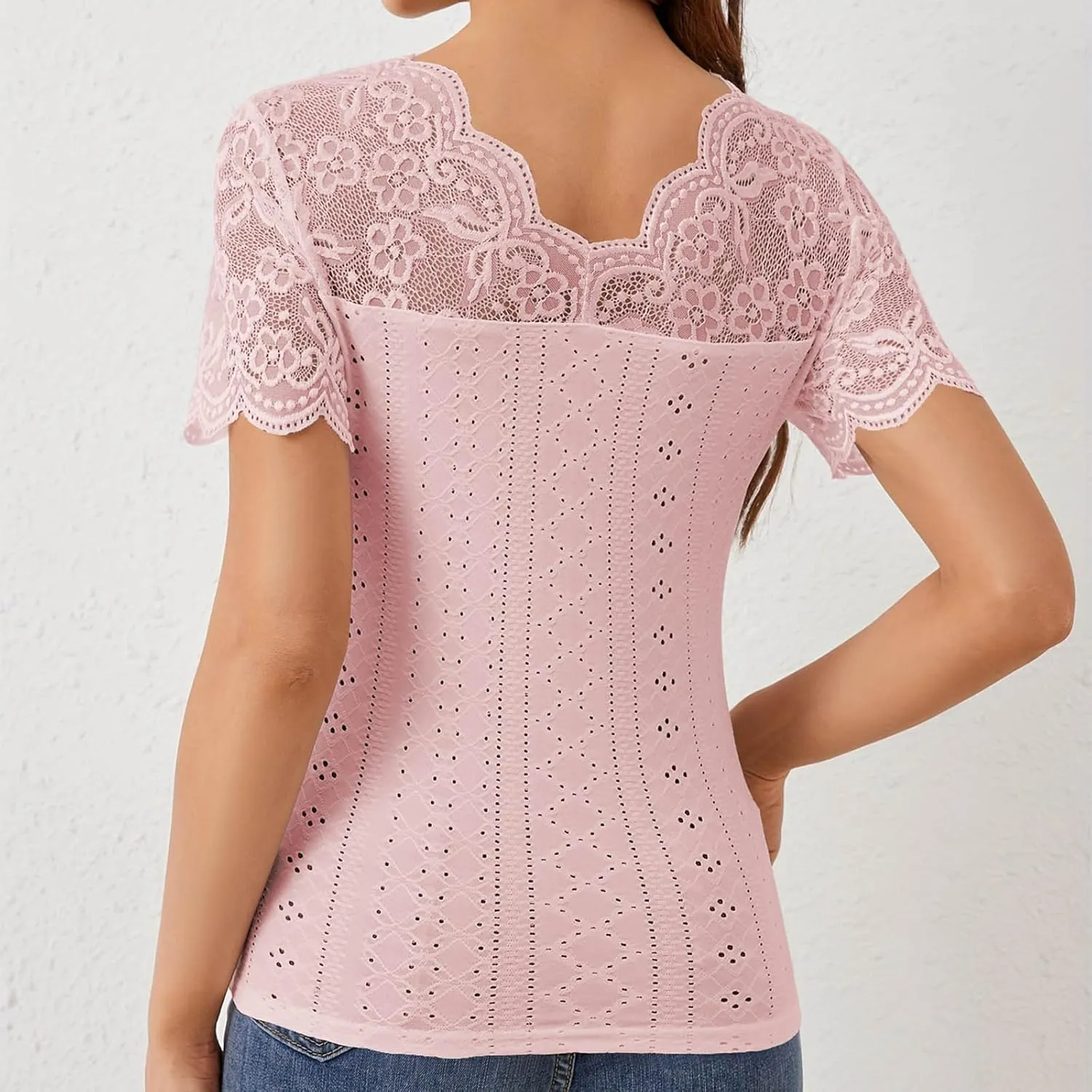 Womens Lace Crop Tops Lace Trim V Neck Shirts Short Sleeve Dressy Casual Tshirts Going Out Summer Tops Tees
