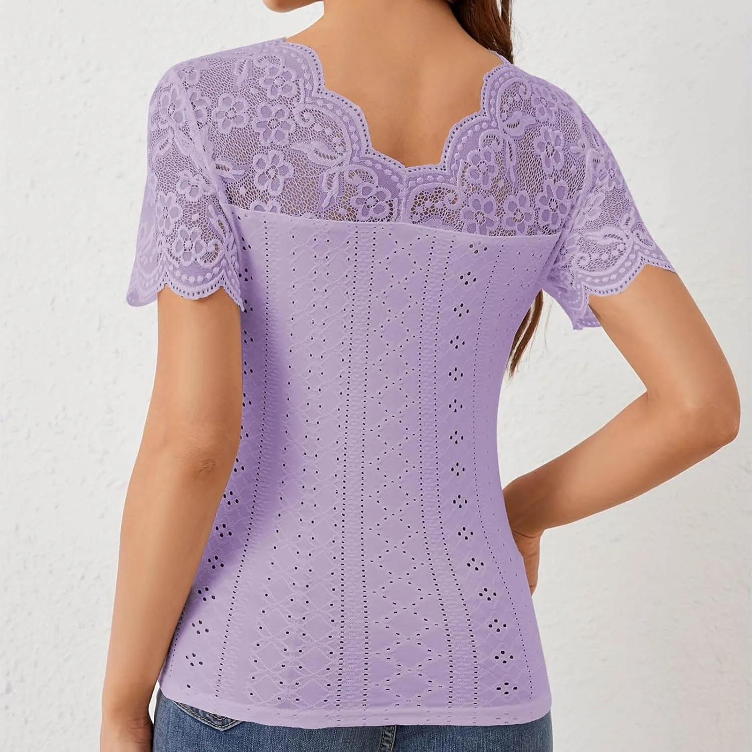 Womens Lace Crop Tops Lace Trim V Neck Shirts Short Sleeve Dressy Casual Tshirts Going Out Summer Tops Tees