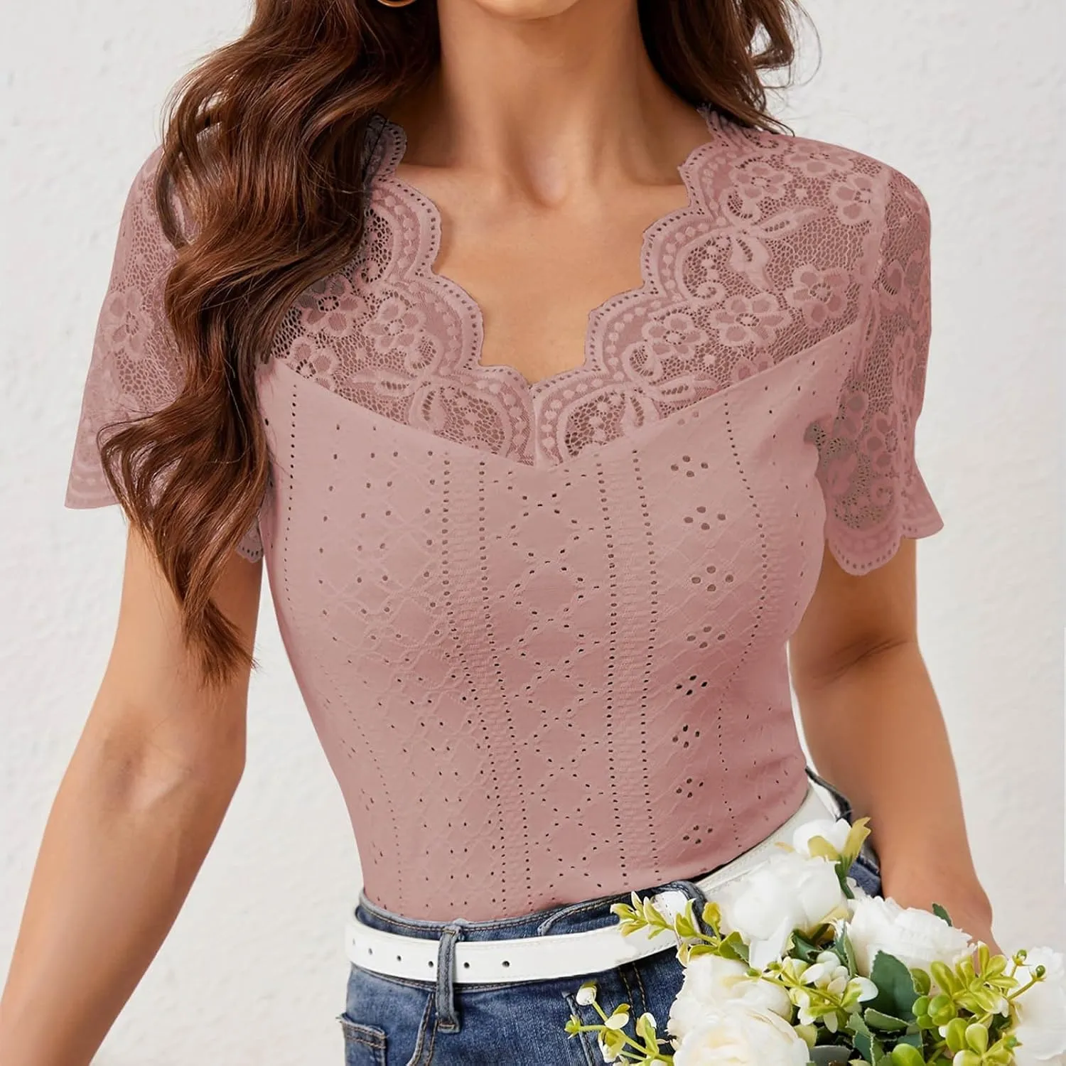 Womens Lace Crop Tops Lace Trim V Neck Shirts Short Sleeve Dressy Casual Tshirts Going Out Summer Tops Tees