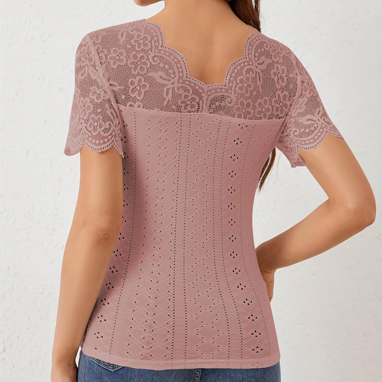 Womens Lace Crop Tops Lace Trim V Neck Shirts Short Sleeve Dressy Casual Tshirts Going Out Summer Tops Tees