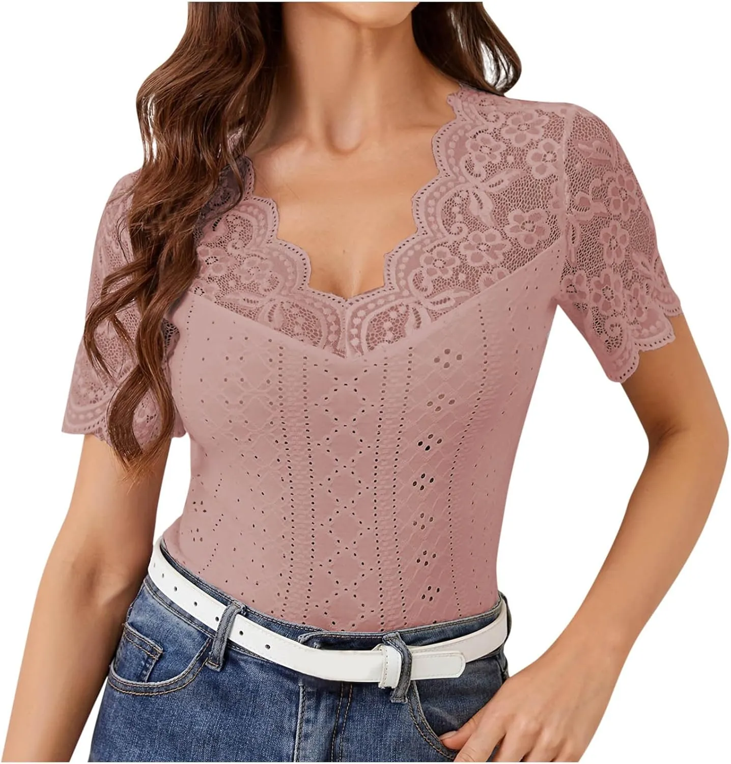 Womens Lace Crop Tops Lace Trim V Neck Shirts Short Sleeve Dressy Casual Tshirts Going Out Summer Tops Tees