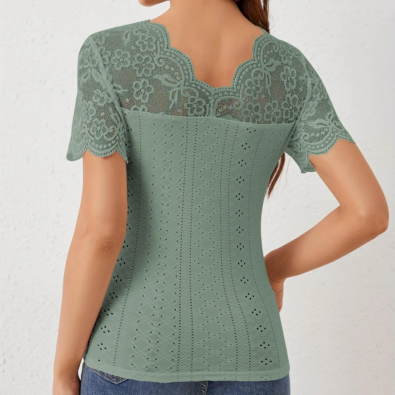 Womens Lace Crop Tops Lace Trim V Neck Shirts Short Sleeve Dressy Casual Tshirts Going Out Summer Tops Tees