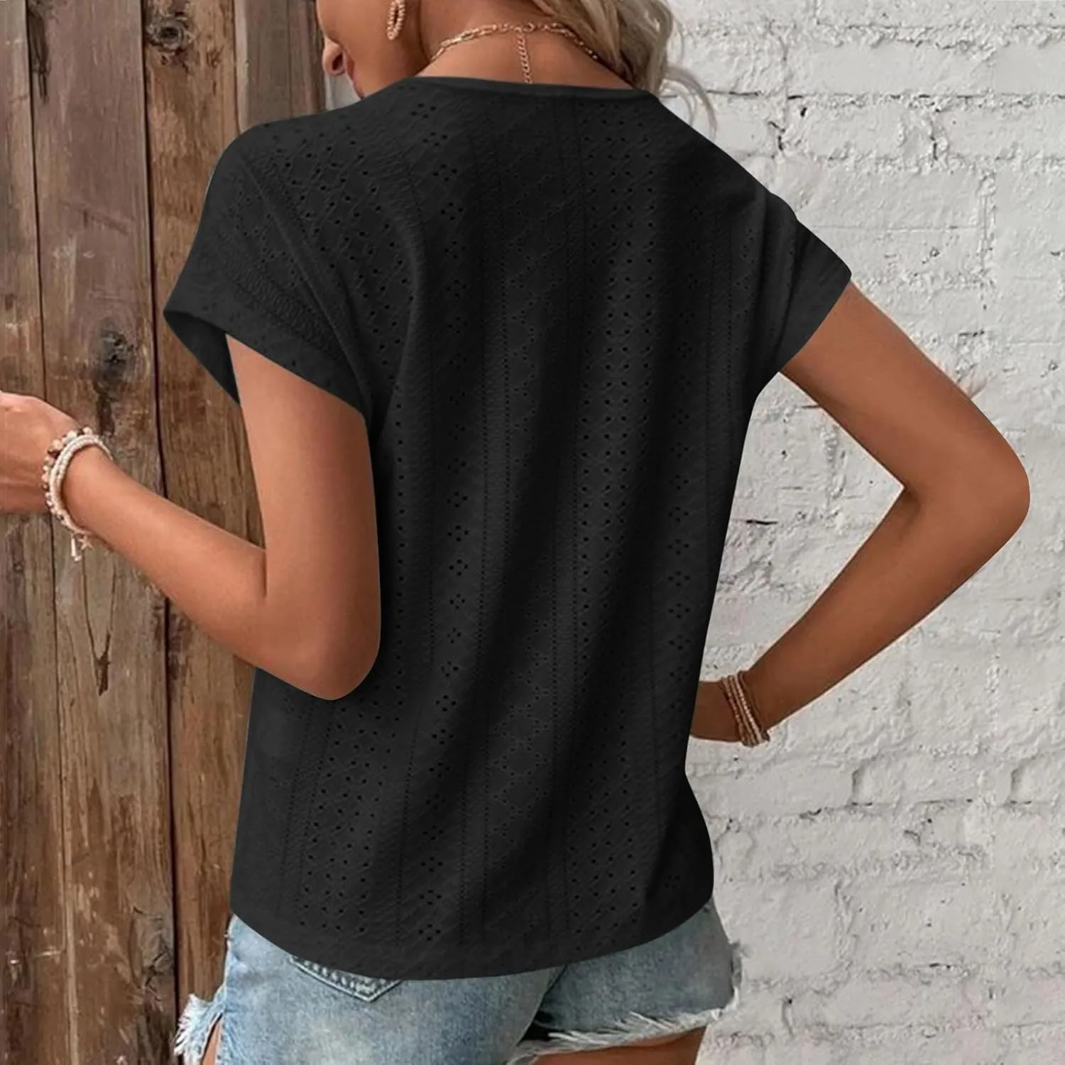 Womens Lace Tops Lace Crochet Trim V Neck Short Rolled Sleeve Summer Tops Shirts Casual Trendy Blouse Tunic Tshirts