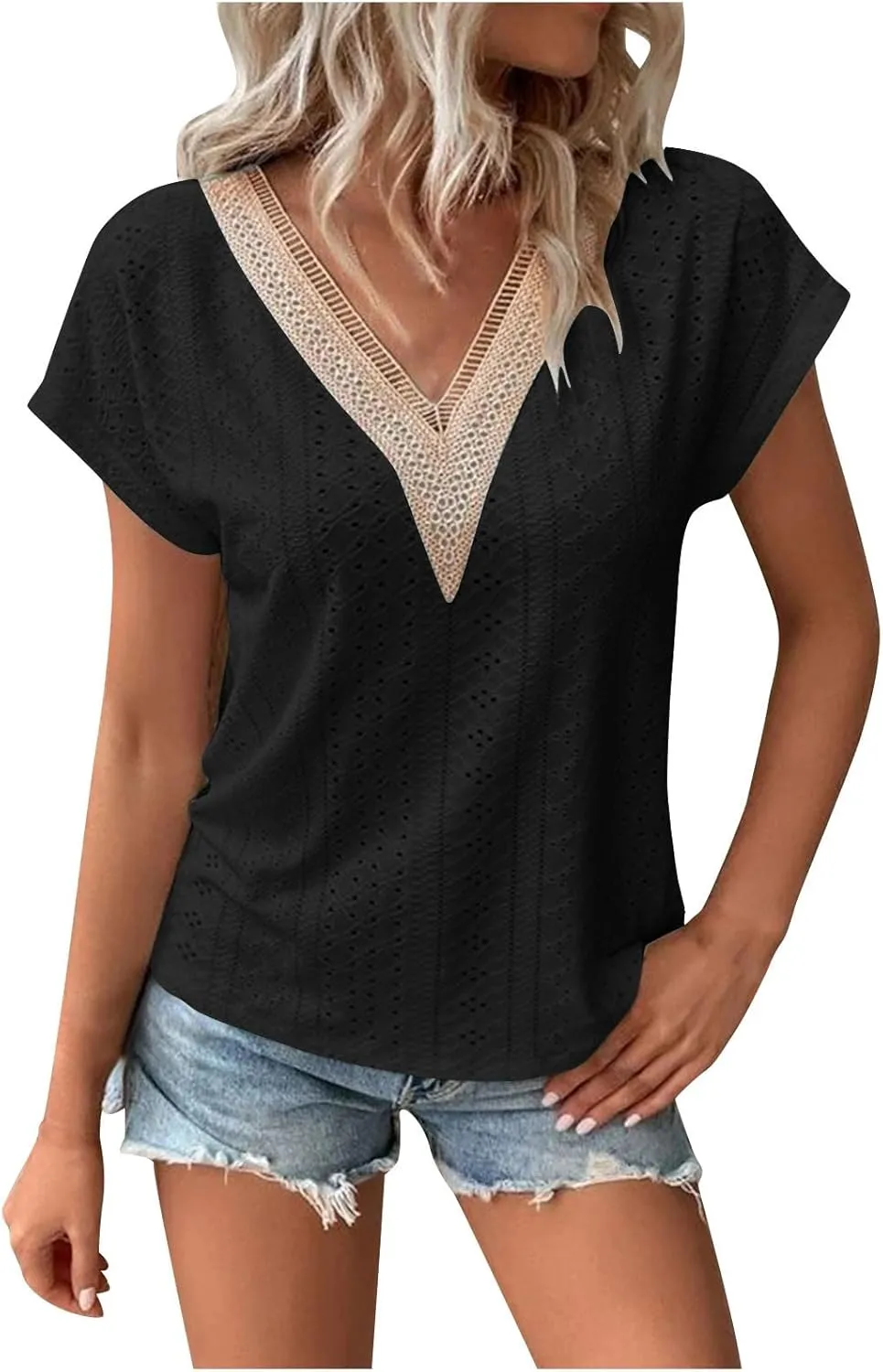 Womens Lace Tops Lace Crochet Trim V Neck Short Rolled Sleeve Summer Tops Shirts Casual Trendy Blouse Tunic Tshirts