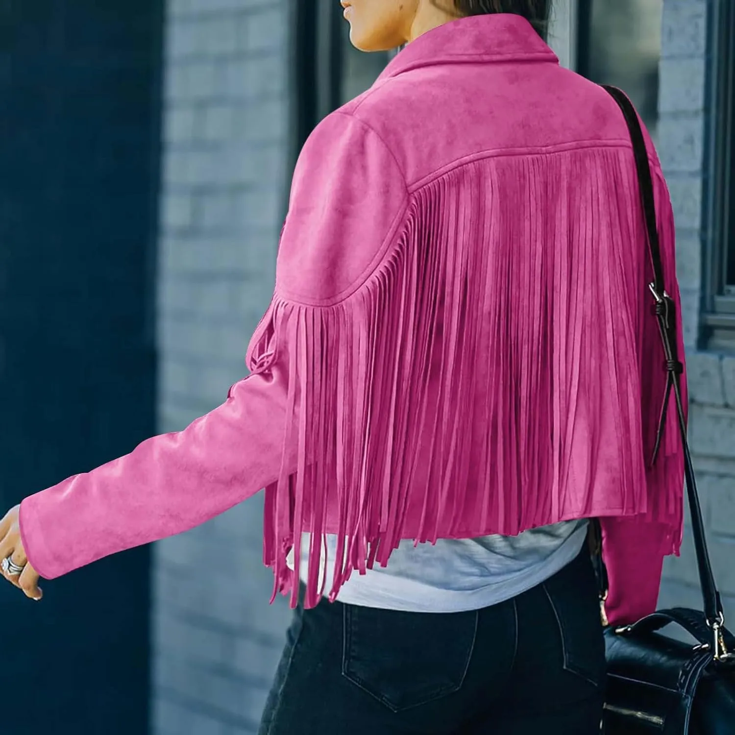 Women's Leather Jacket Faux Suede Fringe Jacket Long Sleeve Lapel Vintage Coats Open Front Tassel Cardigan