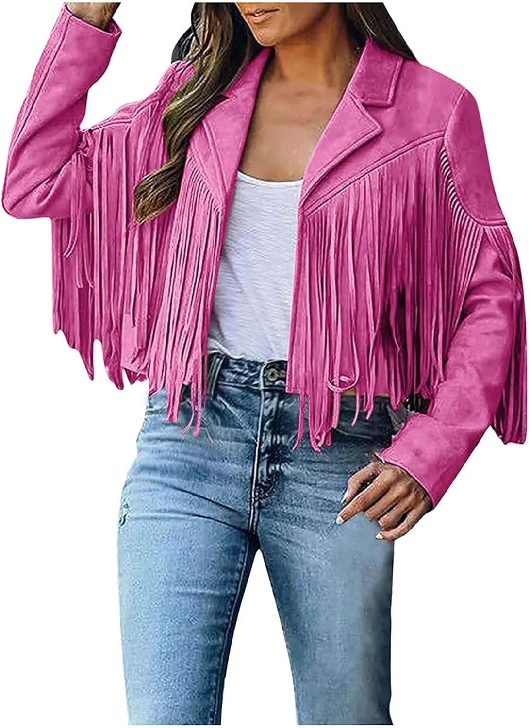 Women's Leather Jacket Faux Suede Fringe Jacket Long Sleeve Lapel Vintage Coats Open Front Tassel Cardigan
