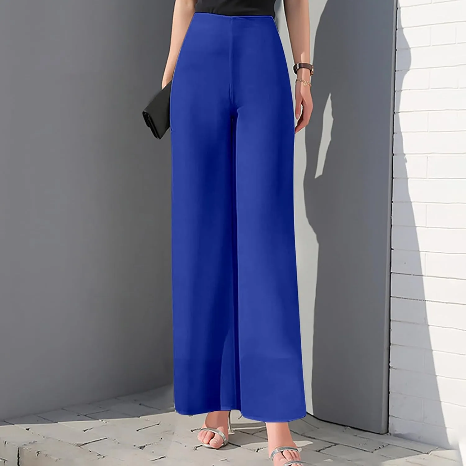Women's Lightweight Chiffon Straight Suit Pants High Elastic Waist Flowing Trousers Flared Wide Leg Wedding Culottes