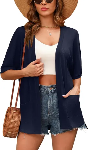 Women's Lightweight Open Front Cardigans Short Sleeve Casual Soft Sheer Cardigan S-2XL with Pockets