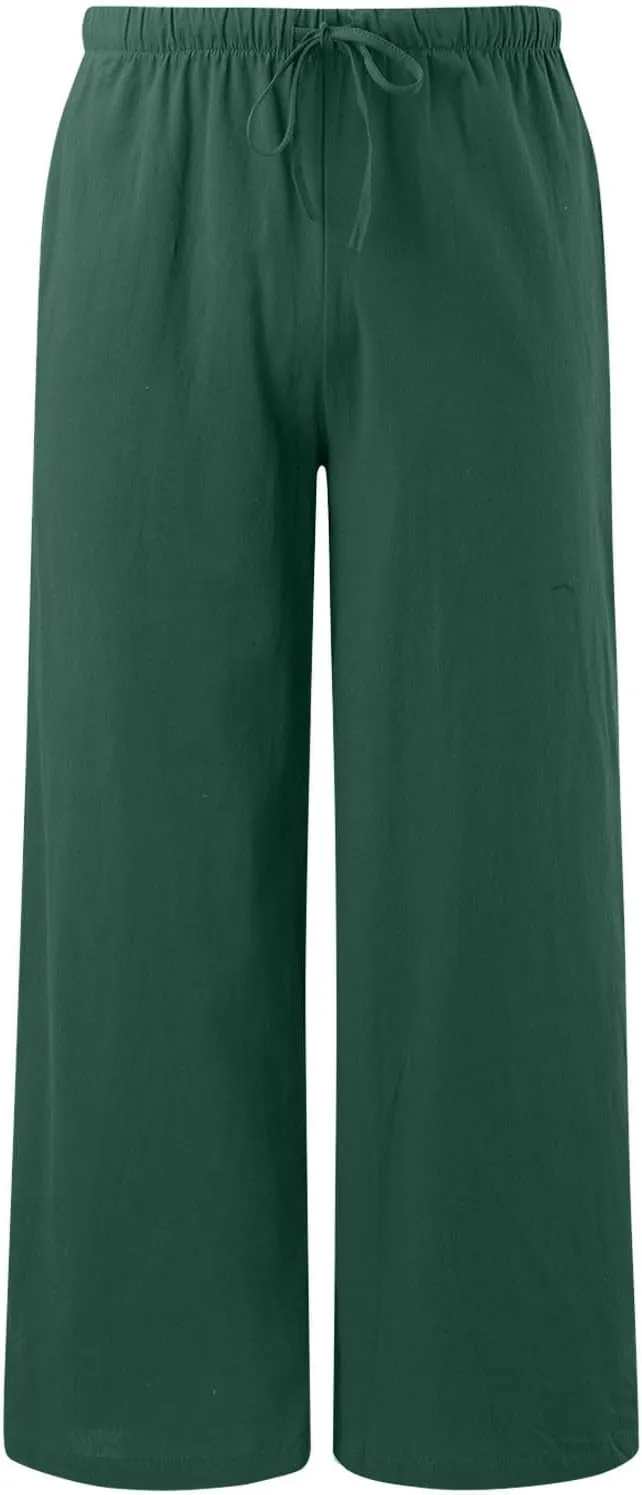 Womens Linen Palazzo Pants Summer Drawstring Elastic Waist Beach Pants Lightweight Relax Fit Wide Leg Trousers Pockets