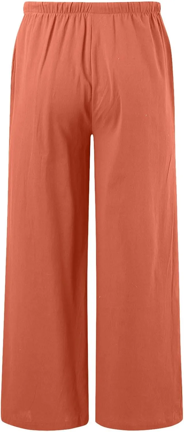 Womens Linen Palazzo Pants Summer Drawstring Elastic Waist Beach Pants Lightweight Relax Fit Wide Leg Trousers Pockets