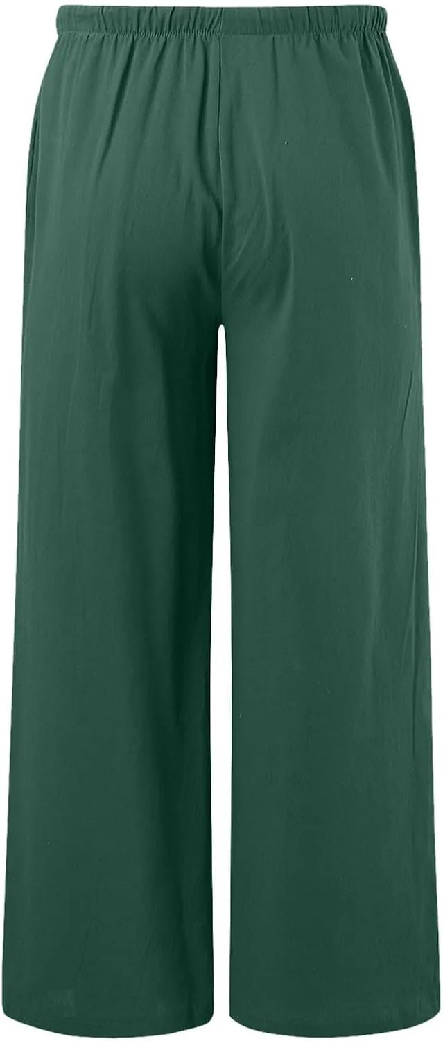 Womens Linen Palazzo Pants Summer Drawstring Elastic Waist Beach Pants Lightweight Relax Fit Wide Leg Trousers Pockets