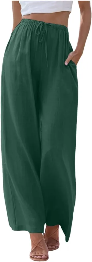Womens Linen Palazzo Pants Summer Drawstring Elastic Waist Beach Pants Lightweight Relax Fit Wide Leg Trousers Pockets