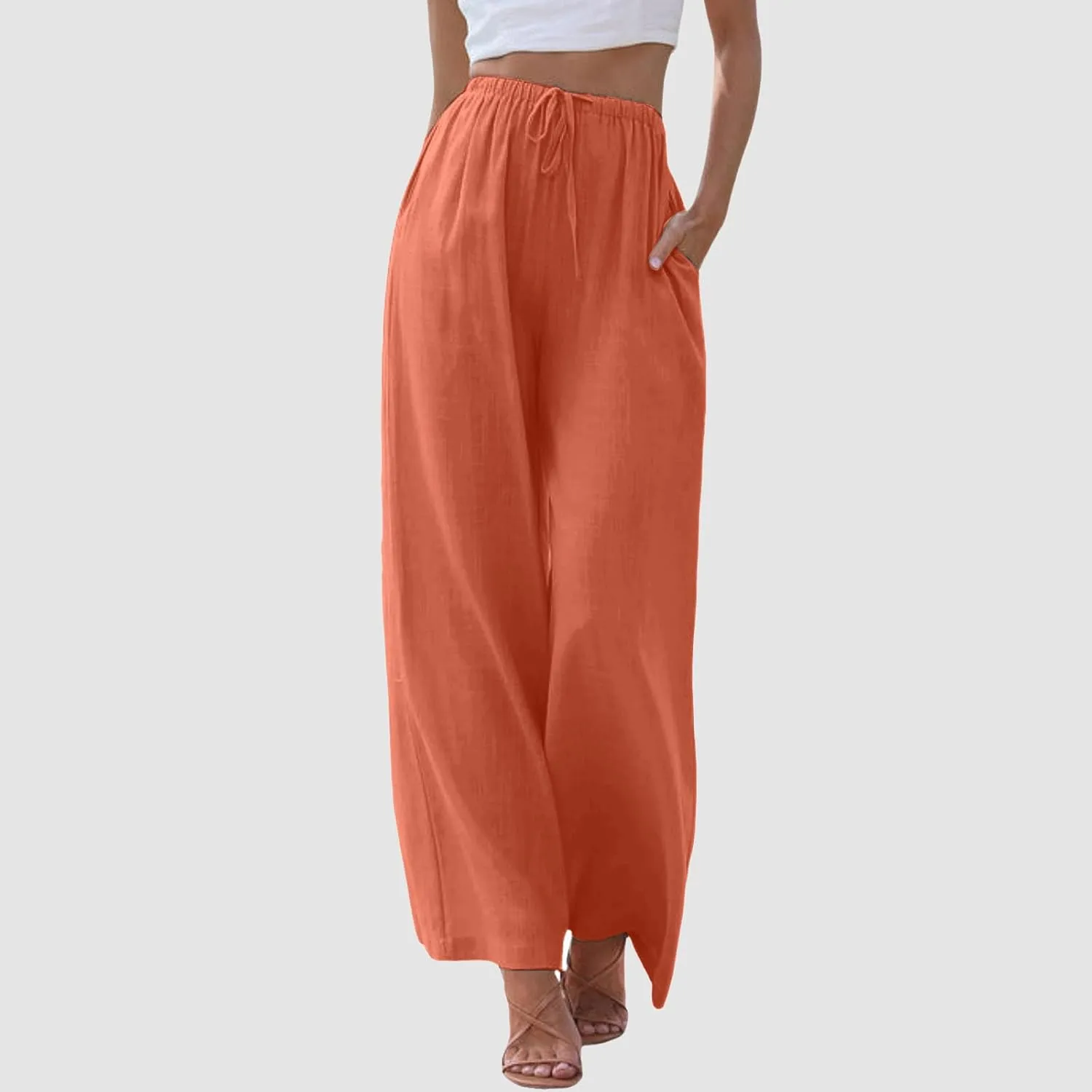 Womens Linen Palazzo Pants Summer Drawstring Elastic Waist Beach Pants Lightweight Relax Fit Wide Leg Trousers Pockets
