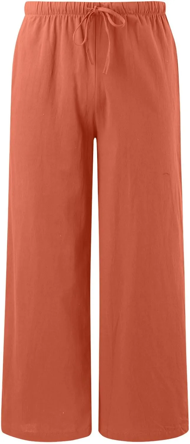 Womens Linen Palazzo Pants Summer Drawstring Elastic Waist Beach Pants Lightweight Relax Fit Wide Leg Trousers Pockets