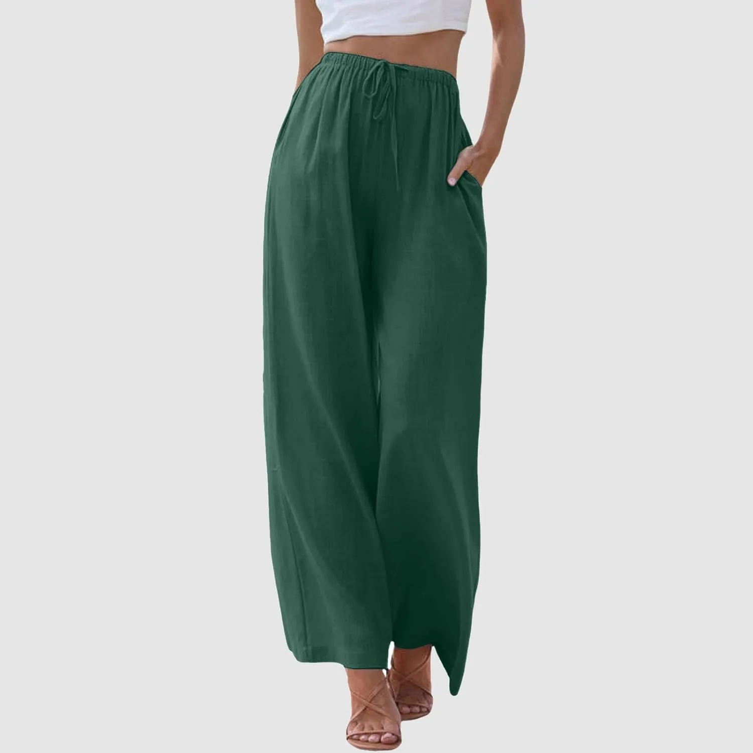 Womens Linen Palazzo Pants Summer Drawstring Elastic Waist Beach Pants Lightweight Relax Fit Wide Leg Trousers Pockets