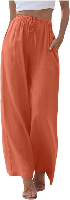 Womens Linen Palazzo Pants Summer Drawstring Elastic Waist Beach Pants Lightweight Relax Fit Wide Leg Trousers Pockets