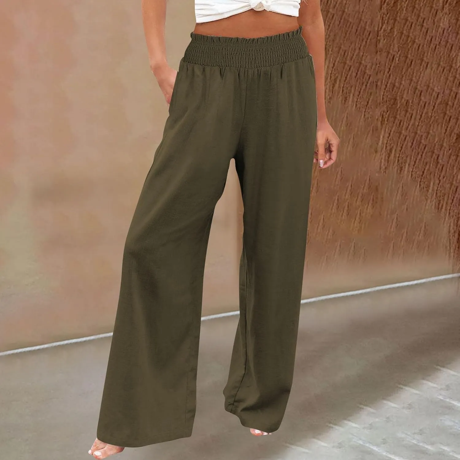 Womens Linen Pants 2025 Summer Casual Loose Wide Leg Palazzo Pants High Waist Flowy Beach Trousers Outfits