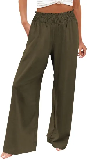 Womens Linen Pants 2025 Summer Casual Loose Wide Leg Palazzo Pants High Waist Flowy Beach Trousers Outfits