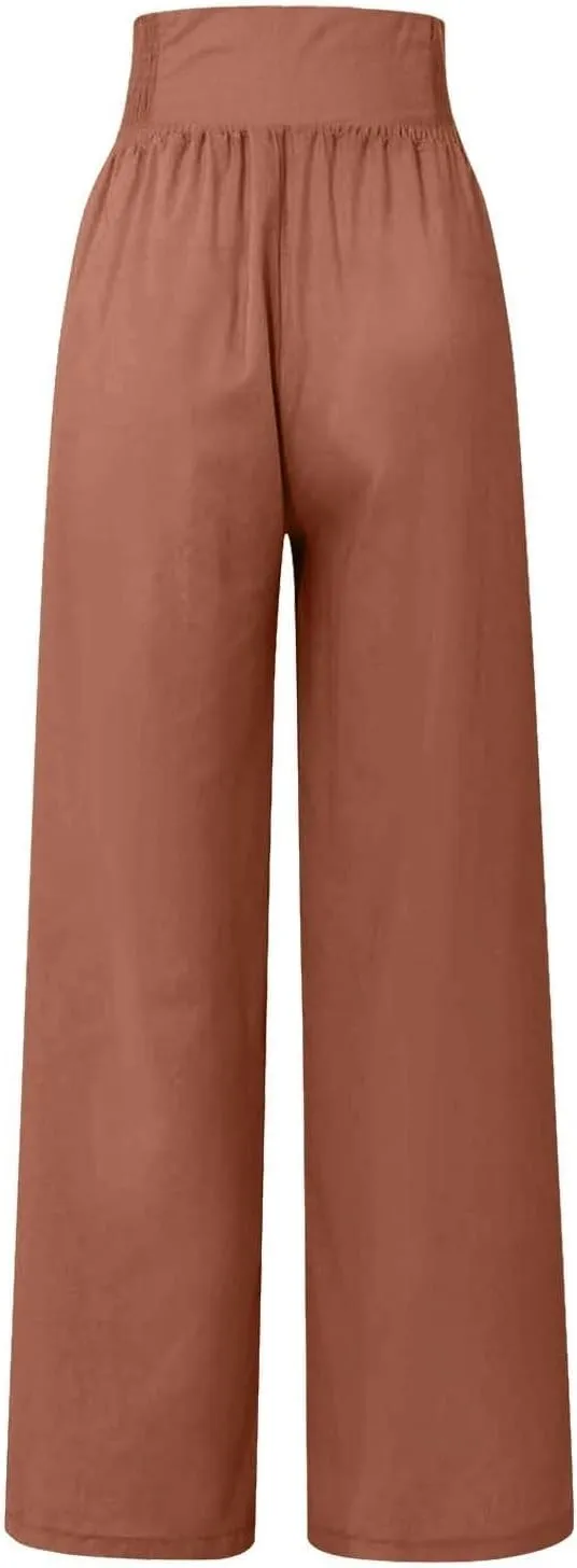 Womens Linen Pants Linen Wide Leg Pants for Women High Waist Stretch Dress Women's Cotton Linen Casual Beach Long Pants