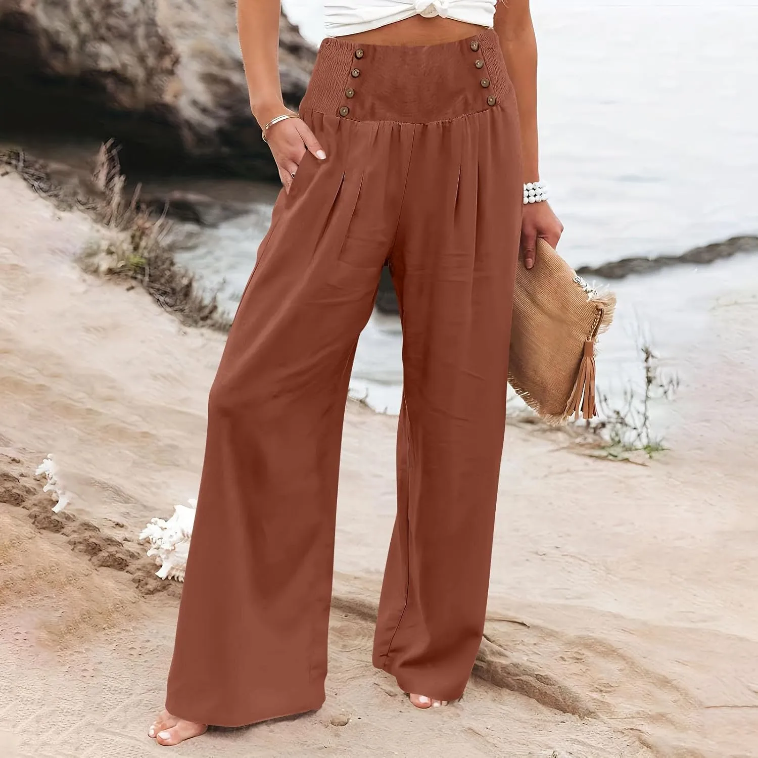 Womens Linen Pants Linen Wide Leg Pants for Women High Waist Stretch Dress Women's Cotton Linen Casual Beach Long Pants