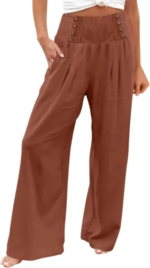 Womens Linen Pants Linen Wide Leg Pants for Women High Waist Stretch Dress Women's Cotton Linen Casual Beach Long Pants