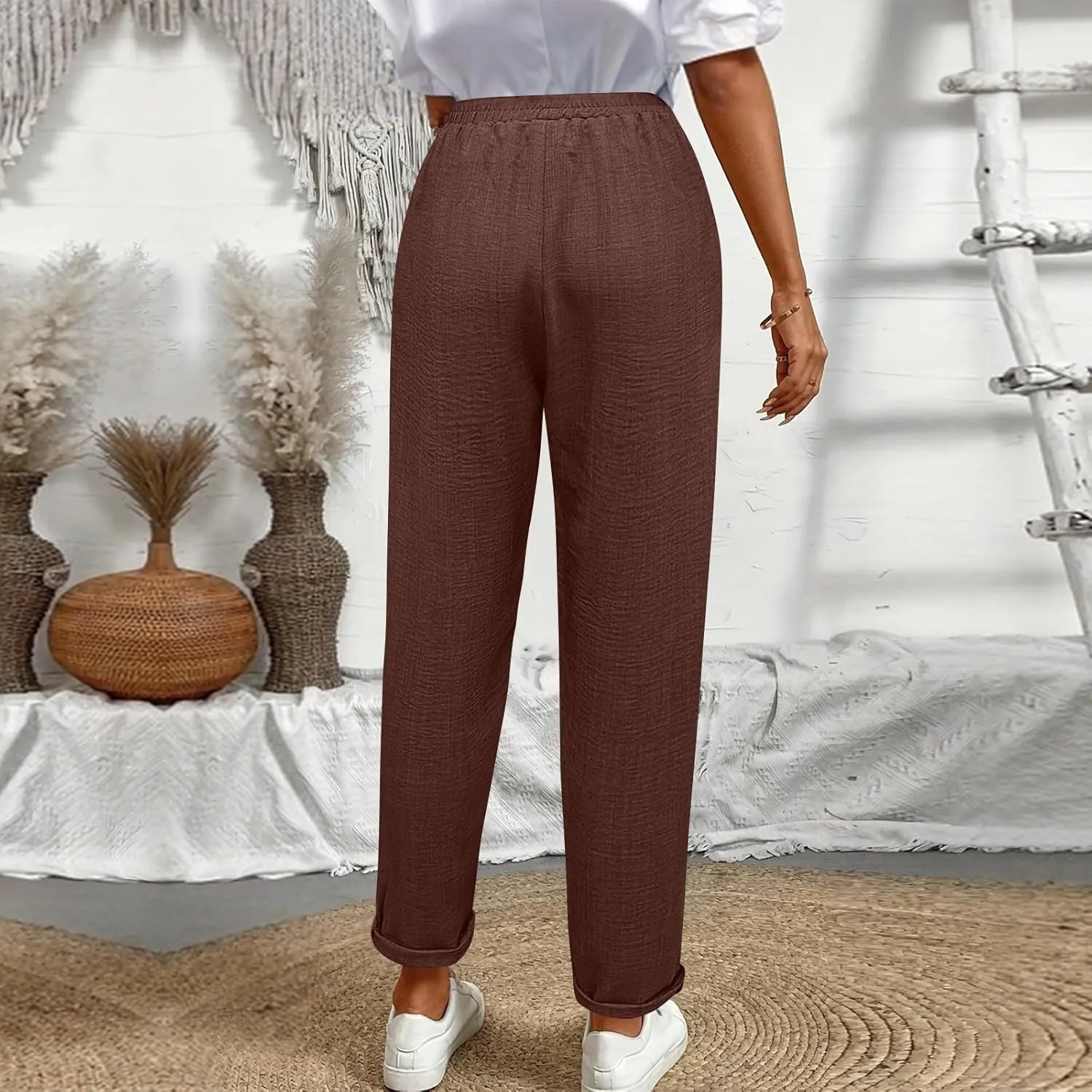 Womens Linen Pants with Pockets Petite Length Drawstring Elastic Waisted Casual Summer Pants 2025
