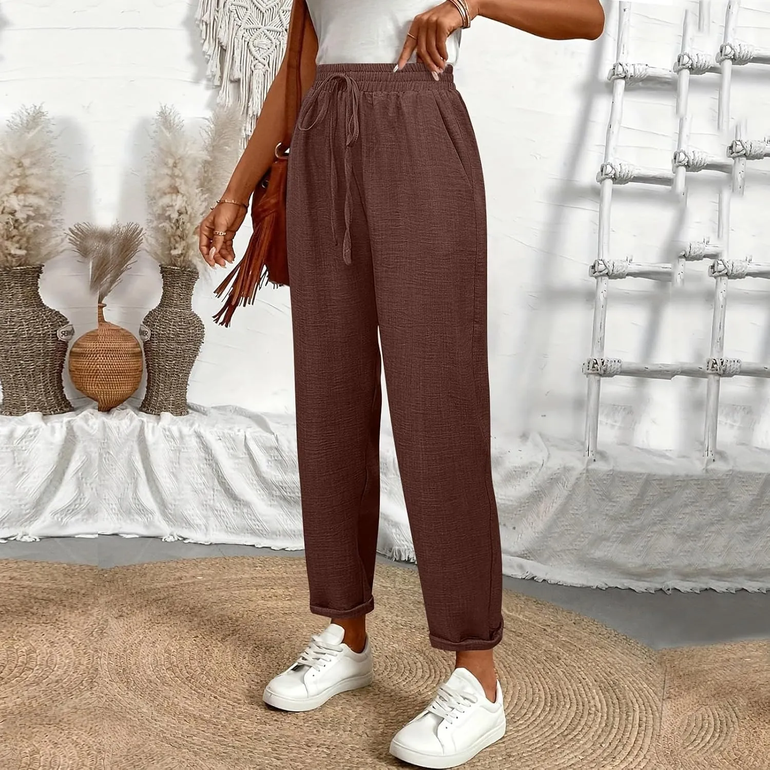 Womens Linen Pants with Pockets Petite Length Drawstring Elastic Waisted Casual Summer Pants 2025