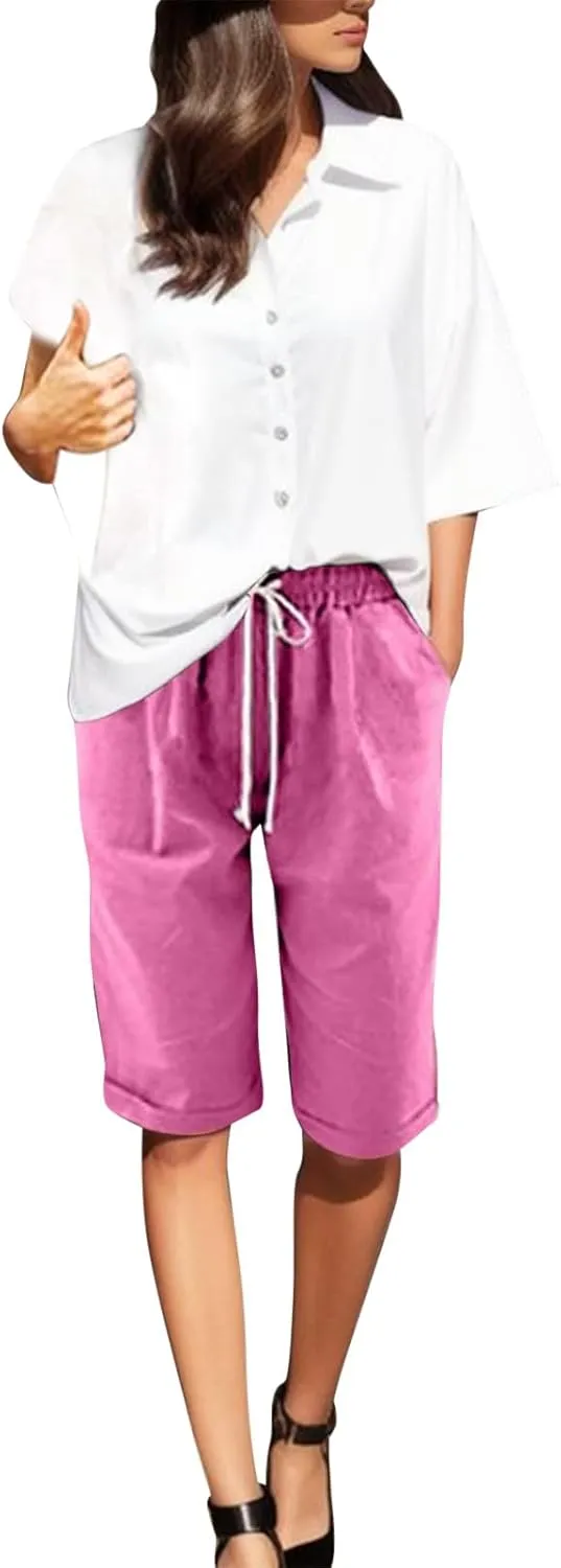 Women's Linen Summer Palazzo Pants Flowy Wide Leg Boho Beach Pants High Waist Lounge Trousers with Pocket