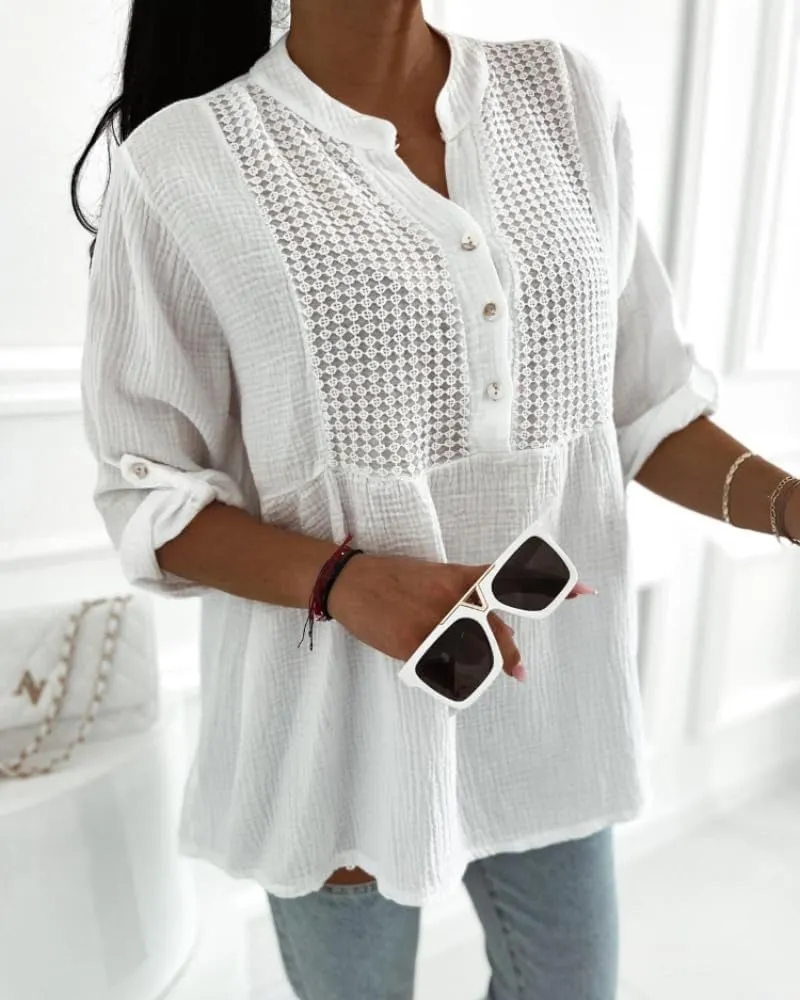 Womens Long Sleeve Blouses Babydoll Loose Fit Tops Ruffle Hem Button Up Casual Peplum Blouses Shirts