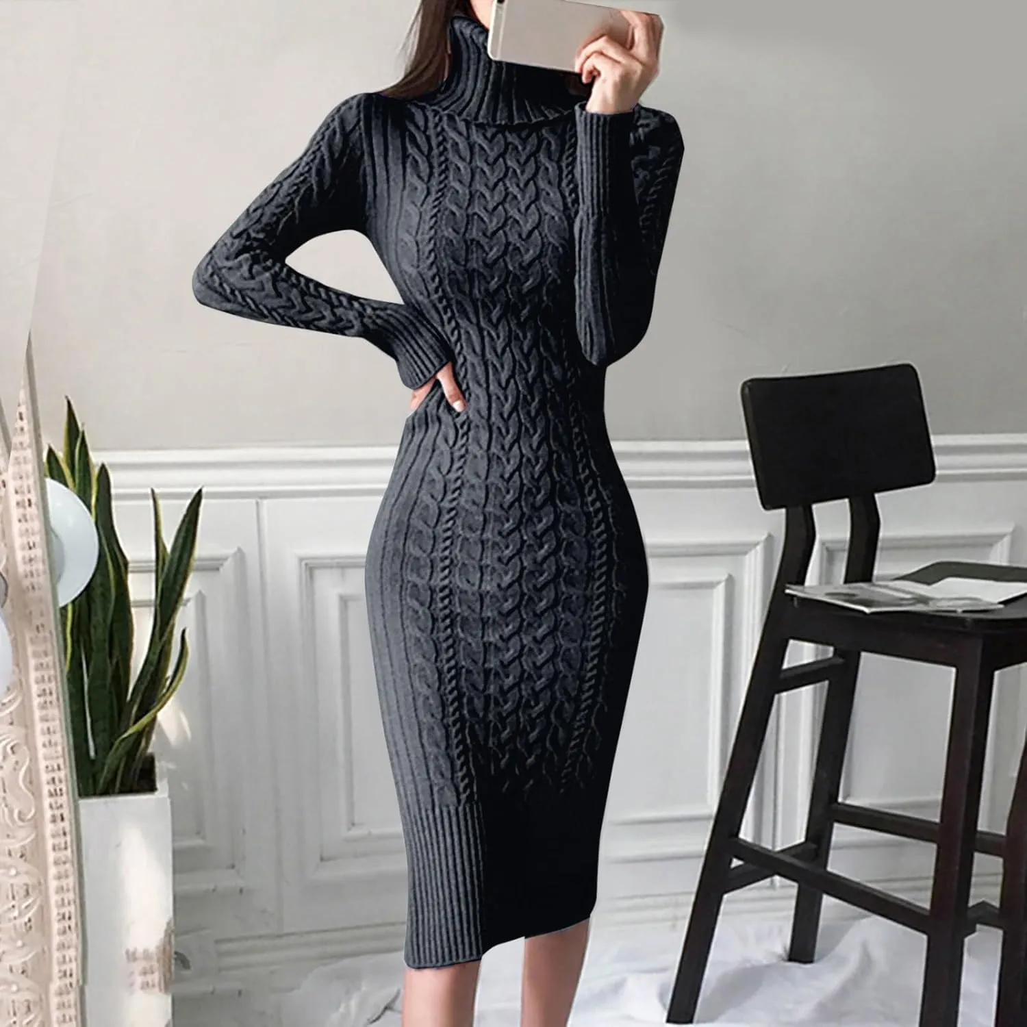 Womens Long Sleeve Turtleneck Sweater Dresses Knitted Bodycon Midi Jumper Fashion Casual Winter Slim Fit Sexy Dresses