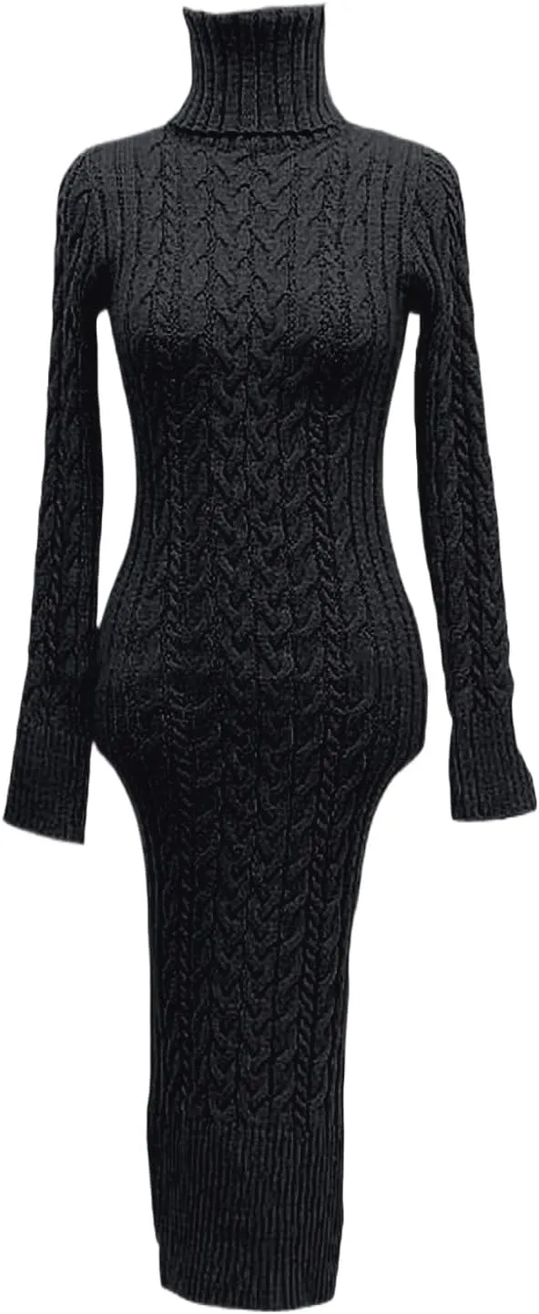 Womens Long Sleeve Turtleneck Sweater Dresses Knitted Bodycon Midi Jumper Fashion Casual Winter Slim Fit Sexy Dresses