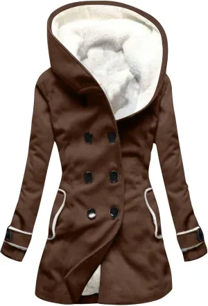 Women's Long Sleeve Winter Coat Warm Shaggy Down Hooded Button Down Coat Jacket